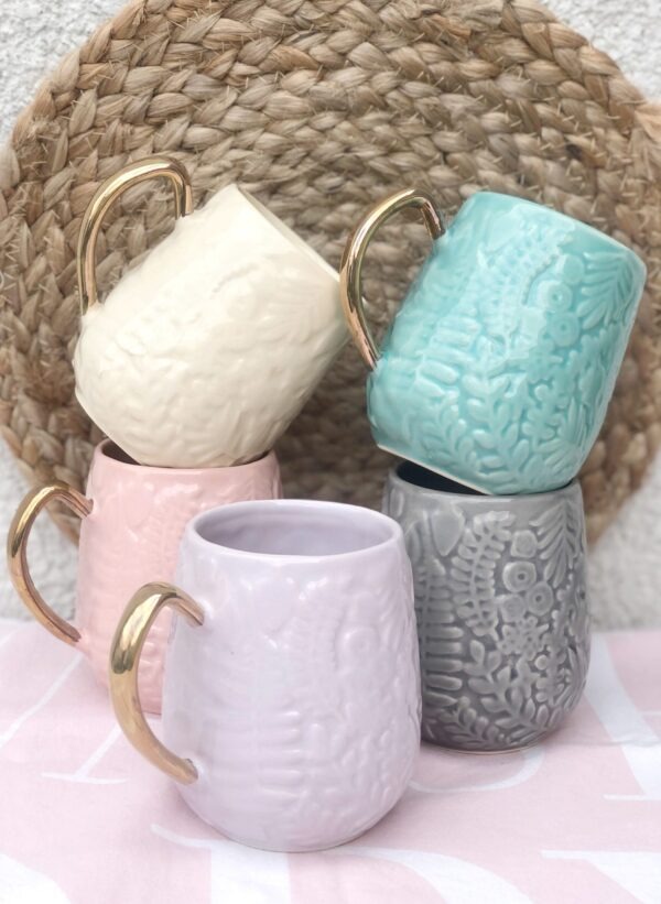 Taza d'acar de cerámica colores aqua, gris, lavanda, natural y rosa; capacidad 400cc
